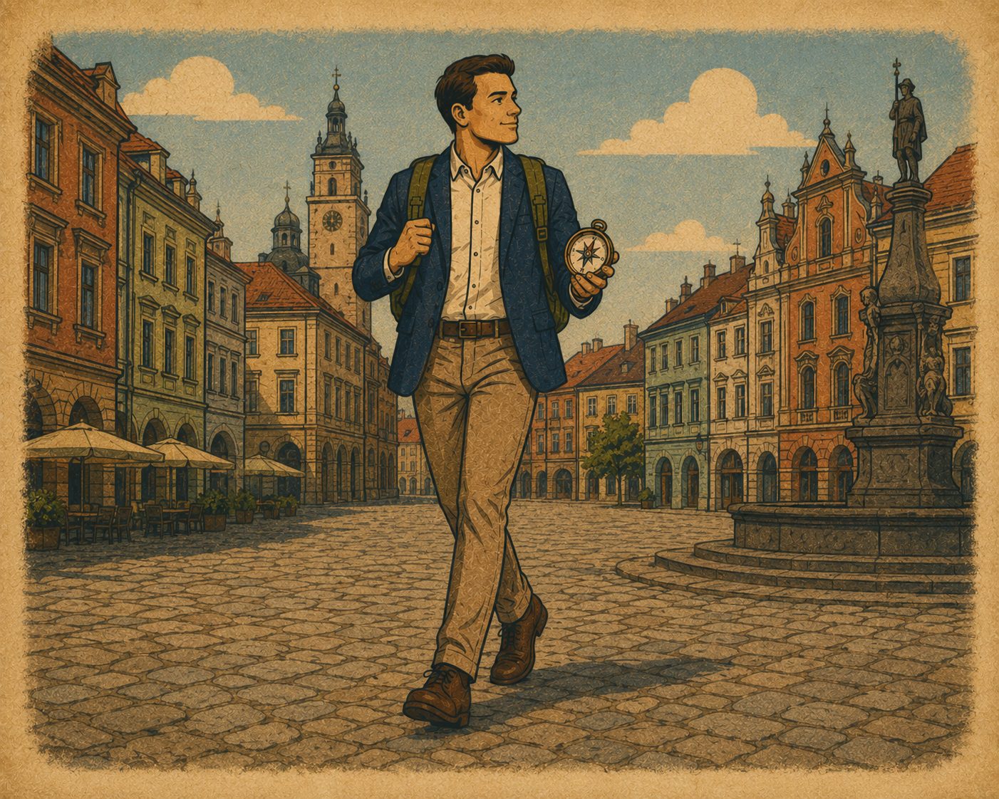 Ilustracja: mężczyzna z kompasem w drodze przez miasto
