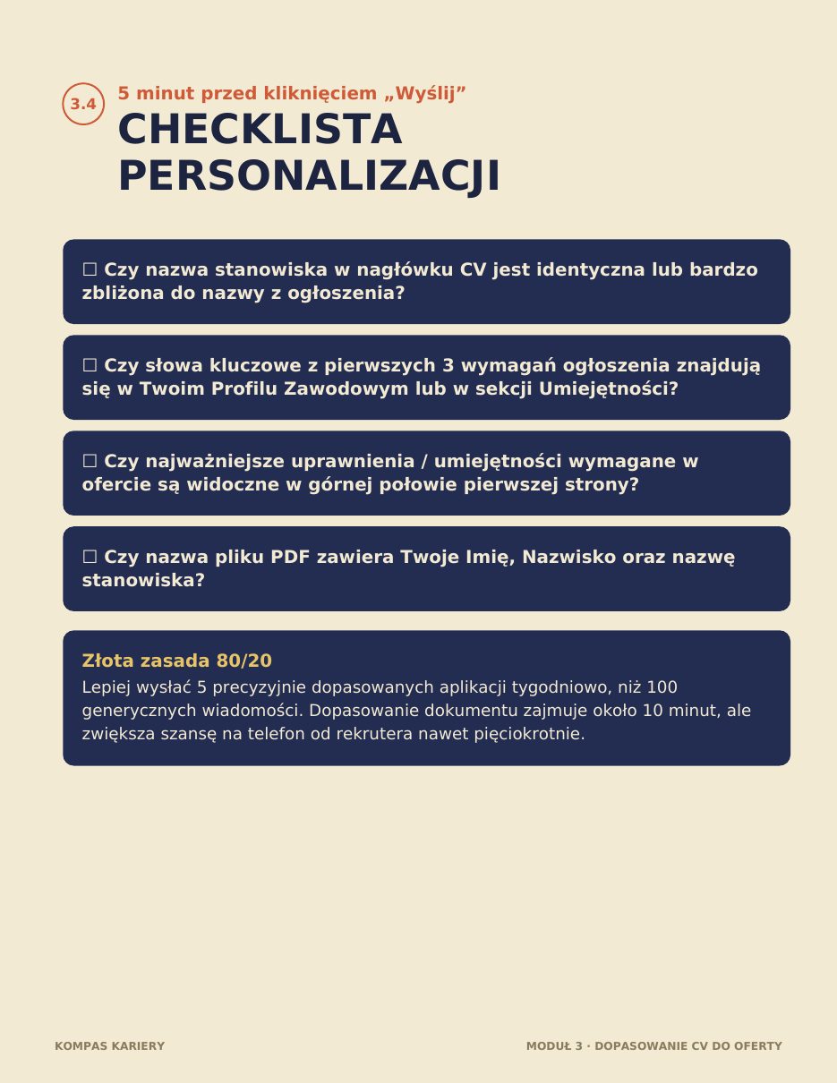 Strona e-booka „CV, które jest zapraszane na rozmowy — E-book”: Checklista personalizacji przed wysłaniem CV